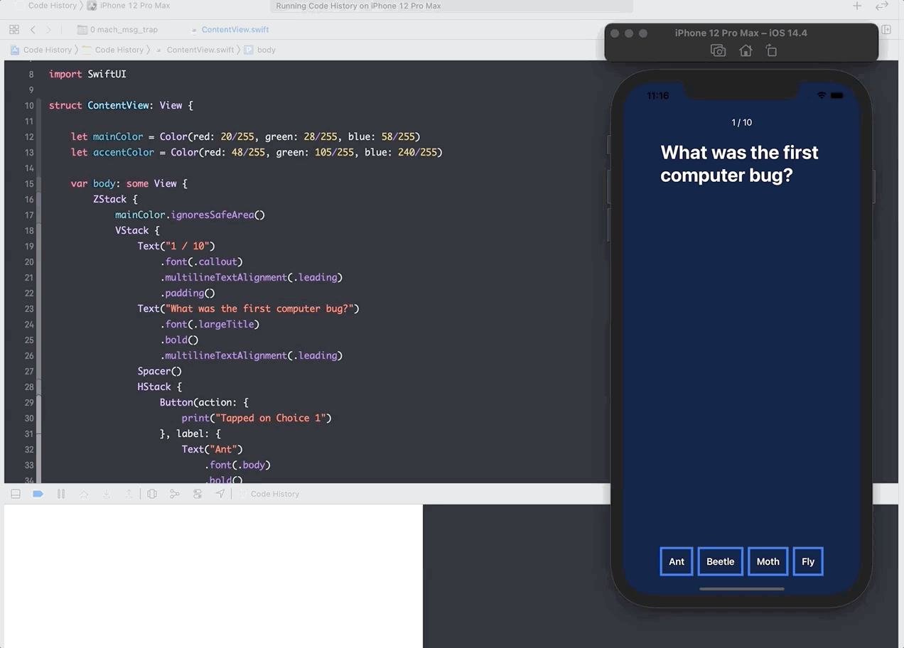 Code History APP first View - a project from Codecademy Ios Developer Career Path.